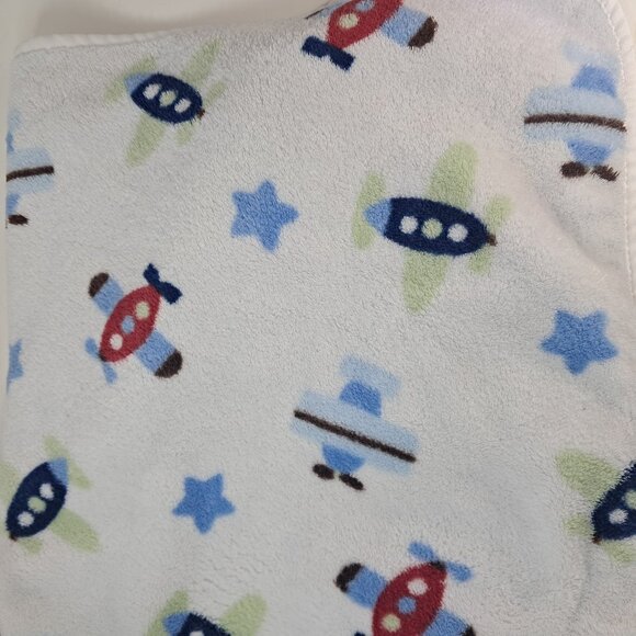 Circo Baby Blanket Airplanes Planes jets White Stars Blue Red Green 2009 plush - Picture 1 of 8